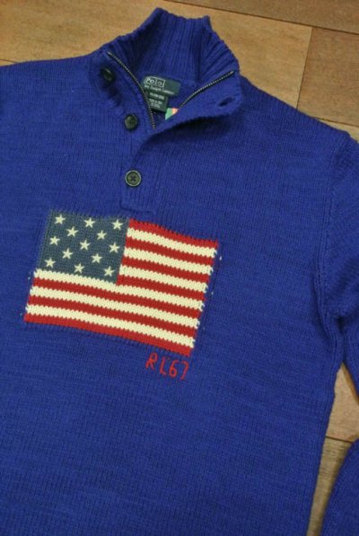 画像1: ポロラルフローレン フロントボタン+ジップ フラッグセーター(星条旗柄BLUE/Boy's XL)