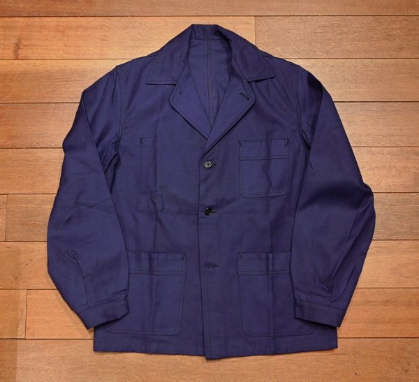 画像1: 50s デッドストック フレンチ ワークジャケット コットンツイル 希少襟型 (BLUE/46?) Vintage French Work Jacket Deastock (1)