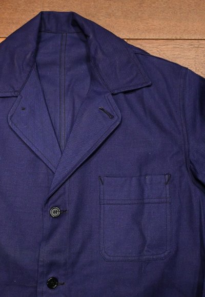 画像2: 50s デッドストック フレンチ ワークジャケット コットンツイル 希少襟型 (BLUE/46?) Vintage French Work Jacket Deastock