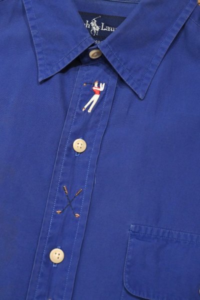 画像2: 【クリックポスト185円も可】USED 90s RALPHLAUREN ラルフローレン ゴルファー刺繍入り 半袖シャツ(BLUE/WOMEN'S８)ビンテージ