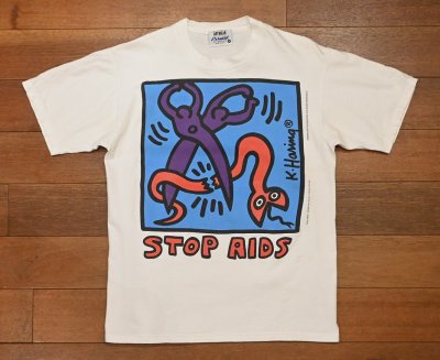 画像1: 【クリックポスト185円も可】USED 90s Keith Haring "STOP AIDS" キースヘリング プリント Tシャツ アメリカ製(WHITE/M)ビンテージ