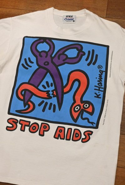 画像2: 【クリックポスト185円も可】USED 90s Keith Haring "STOP AIDS" キースヘリング プリント Tシャツ アメリカ製(WHITE/M)ビンテージ
