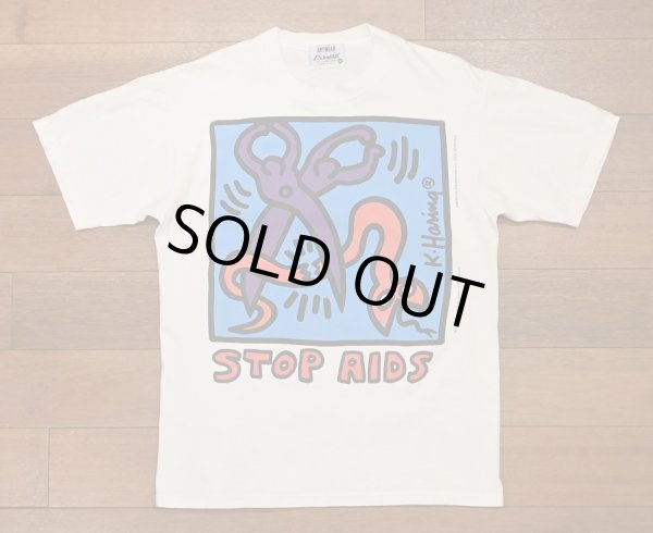 画像1: 【クリックポスト185円も可】USED 90s Keith Haring "STOP AIDS" キースヘリング プリント Tシャツ アメリカ製(WHITE/M)ビンテージ (1)