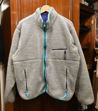 画像1: '92 VTG/USED Patagonia Pile Glissade Cardigan パタゴニア リバーシブルグリセード アメリカ製 (フェザーグレーxコバルト/L)美品 ビンテージ