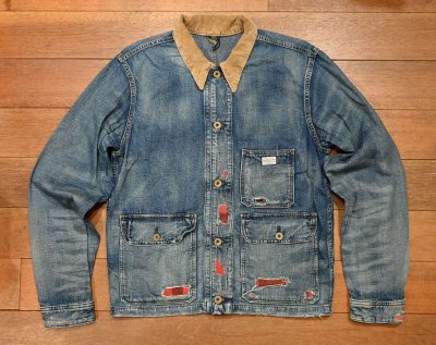 画像1: RRL INDIGO DENIM WORK JACKET ダブルアールエル インディゴ コットン+リネン デニム ワークジャケット(S)ダメージ+リペア 美中古 