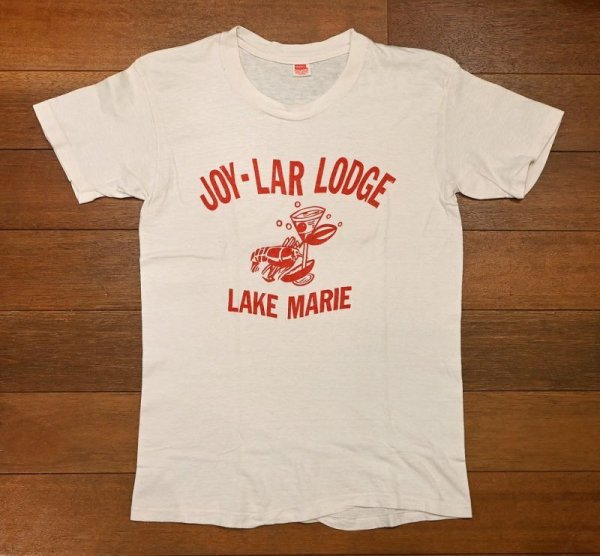 画像1: 【クリックポスト185円も可】70s HANES "JOY-LAR-LODGE" フロッキープリントTシャツ アメリカ製(WHITE/M)コットン100ビンテージ 中古 (1)