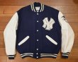 画像1: 90s DELONG NEWYORK YANKEES ヤンキース レザースリーブ バーシティジャケット アメリカ製(Navy×White/L)スタジャン (1)