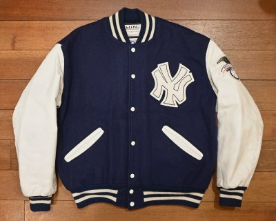 画像1: 90s DELONG NEWYORK YANKEES ヤンキース レザースリーブ バーシティジャケット アメリカ製(Navy×White/L)スタジャン