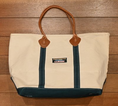 画像1: 80s L.L.Bean BOAT&TOTE レザーハンドルトートバッグ(Natural×Green/LARGE)ビンテージ