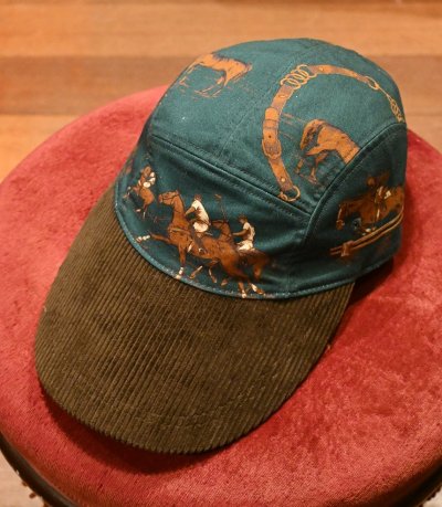 画像1: (クリックポスト185円も可)Polo Ralphlauren ポロラルフローレン LONGBILL CAP ポロ柄(GREEN×BROWN) コーデュロイロングツバ 