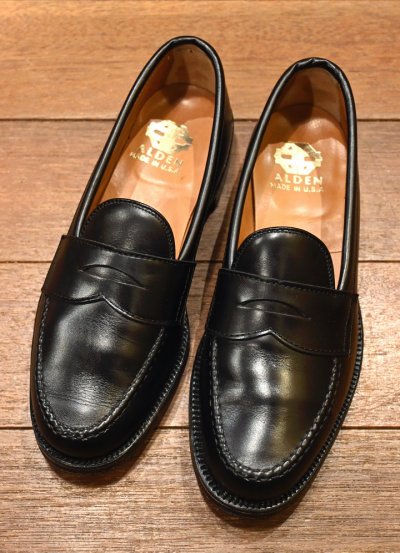 画像1: 80s ALDEN(オールデン)6725 VANラスト カーフ ペニーローファー 旧ロゴ 茶箱 アメリカ製(BLACK/US6 1/2D)箱いり 中古 ビンテージ