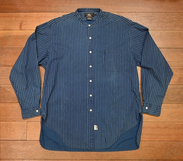 画像1: 【クリックポスト185円も可】90s RRL RALPHLAUREN ダブルアールエル インディゴ バンドカラーシャツ 三ツ星タグ ピックアップトラックタグ(L)ビンテージ 中古 (1)