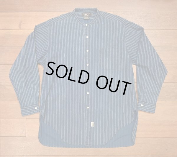 画像1: 【クリックポスト185円も可】90s RRL RALPHLAUREN ダブルアールエル インディゴ バンドカラーシャツ 三ツ星タグ ピックアップトラックタグ(L)ビンテージ 中古 (1)