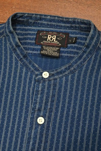 画像2: 【クリックポスト185円も可】90s RRL RALPHLAUREN ダブルアールエル インディゴ バンドカラーシャツ 三ツ星タグ ピックアップトラックタグ(L)ビンテージ 中古