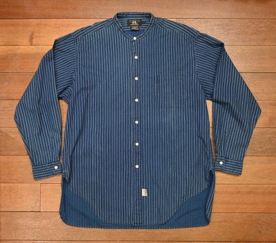 画像1: 【クリックポスト185円も可】90s RRL RALPHLAUREN ダブルアールエル インディゴ バンドカラーシャツ 三ツ星タグ ピックアップトラックタグ(L)ビンテージ 中古
