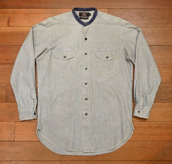 画像1: 90s RRL RALPHLAUREN ダブルアールエル ストライプデニム バンドカラーシャツ 三ツ星タグ ピックアップトラックタグ(S)ビンテージ 中古 (1)