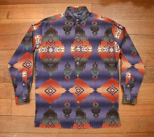 画像1: 【クリックポスト185円も可】90s ポロラルフローレン CHAMBERS ネイティブ柄 シャツ ネイティブパターン(Navy/S)中古 (1)