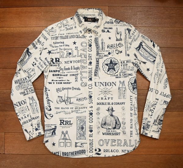 画像1: (クリックポスト185円も可)RRL RALPHLAUREN ダブルアールエル ラルフローレン ポプリン グラフィック ワークシャツ 総柄(S)中古 (1)