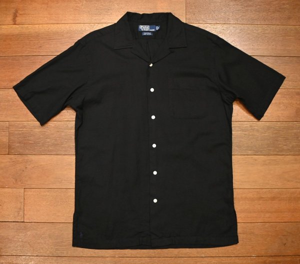 画像1: (クリックポスト185円も可)90s ポロラルフローレン CALDWELL 半袖オープンカラーシャツ(BLACK/S)香港製 ビンテージ (1)