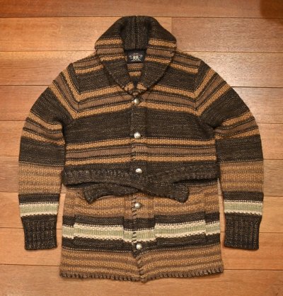 画像1: RRL ショールカラー ニットロングカーディガン ガウン コンチョボタン ウール/リネン(BROWN/XS)美中古 ダブルアールエルラルフローレン