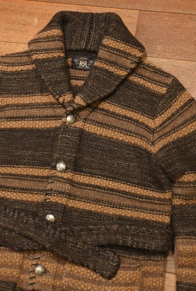 画像2: RRL ショールカラー ニットロングカーディガン ガウン コンチョボタン ウール/リネン(BROWN/XS)美中古 ダブルアールエルラルフローレン (2)