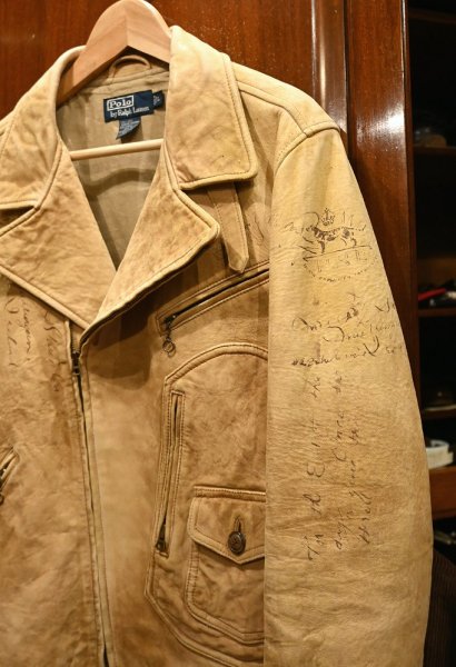 画像4: PoloRalphlauren ポロラルフローレン ディアスキン 鹿革 ダブル ライダースジャケット ビンテージ加工(BEIGE/L)ビンテージ 中古 (4)