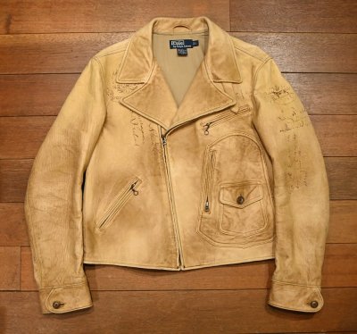 画像1: PoloRalphlauren ポロラルフローレン ディアスキン 鹿革 ダブル ライダースジャケット ビンテージ加工(BEIGE/L)ビンテージ 中古