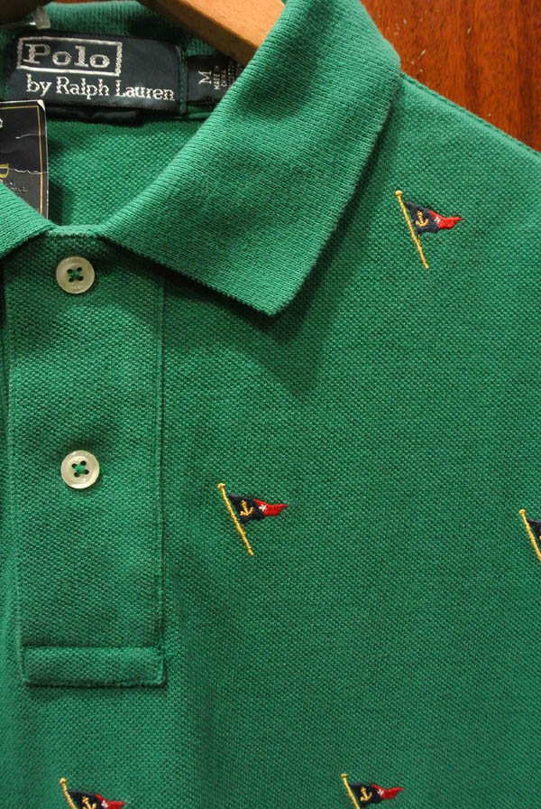 ポロラルフローレン フラッグモノグラム刺繍 鹿の子ポロシャツ(GREEN/M 