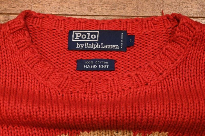 (USED) 90s POLO RALPHLAUREN ポロラルフローレン ポロベアー コットンニット セーター(RED/L)手編み ビンテージ 中古