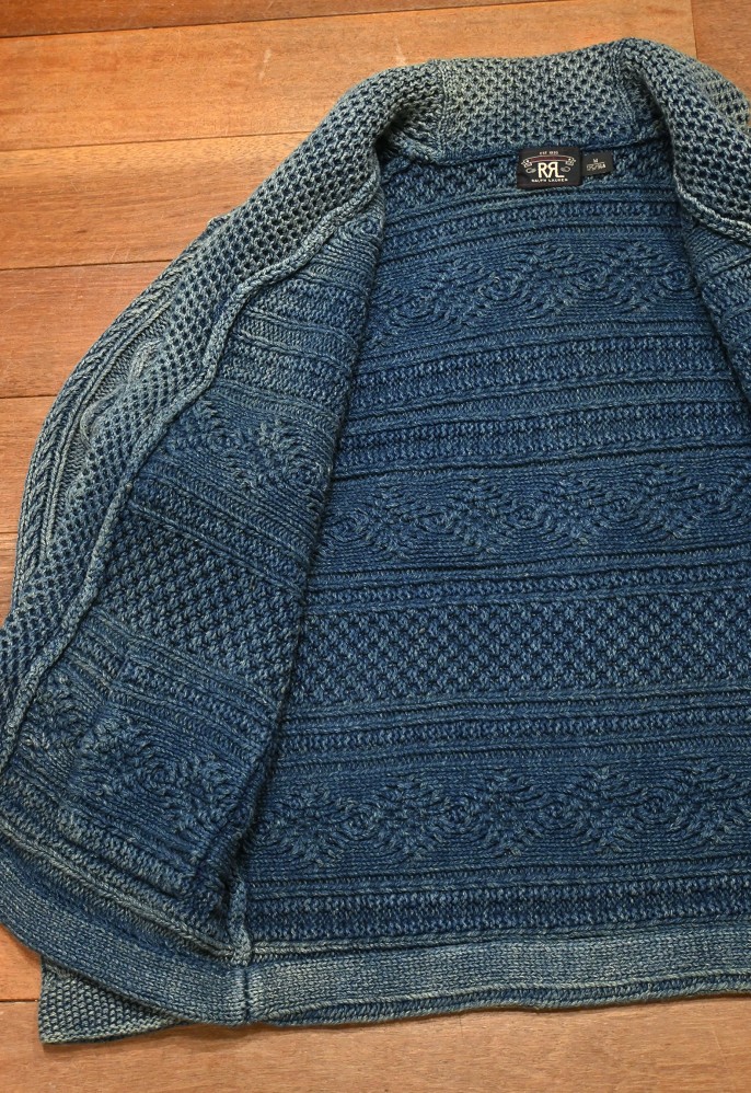 も*ん様 RRL インディゴブルーウールコットン　ショールカラーカーディガン M も*ん様 RRL インディゴブルーウールコットンショールカラー